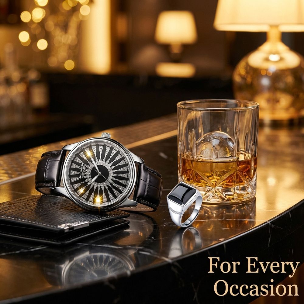 Men Watch + Wallet + Ring Set Male Wrist Watch Short Wallet Black Agate Ring Set Quartz Watch Horizontal Alloy Ring Set