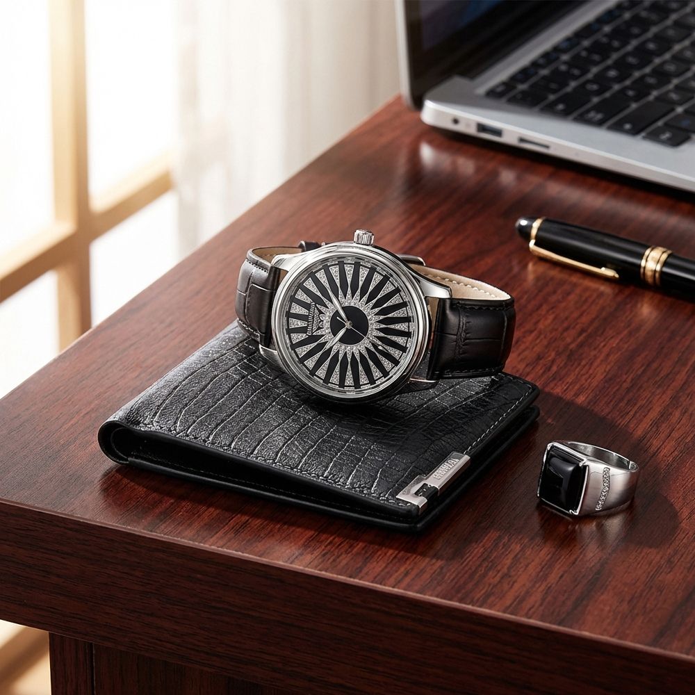 Men Watch + Wallet + Ring Set Male Wrist Watch Short Wallet Black Agate Ring Set Quartz Watch Horizontal Alloy Ring Set