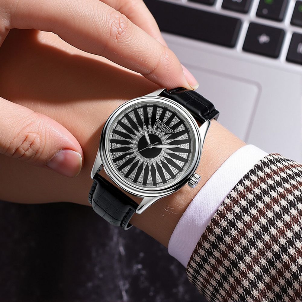 Men Watch + Wallet + Ring Set Male Wrist Watch Short Wallet Black Agate Ring Set Quartz Watch Horizontal Alloy Ring Set