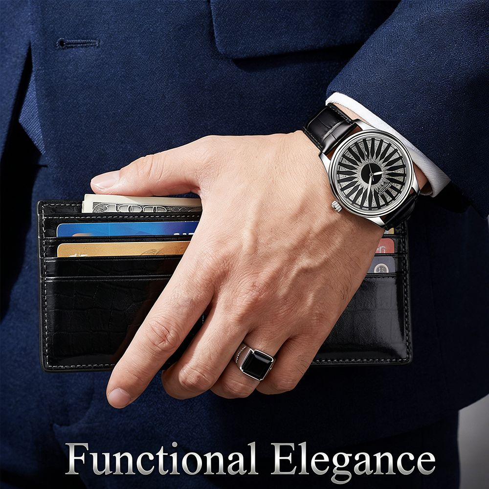 Men Watch + Wallet + Ring Set Male Wrist Watch Short Wallet Black Agate Ring Set Quartz Watch Horizontal Alloy Ring Set