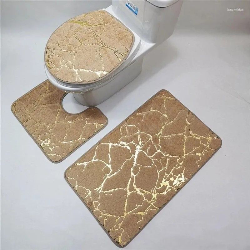 New Arrivals!! 3 Piece Marble Bathroom Rug Set with Non-Slip Rug, Toilet Lid Cover and Bath Mat, Gold/Golden Bathroom Rugs and gold toilet Mats Sets, Modern Gold pattern Bath Rugs for Bathroom machine