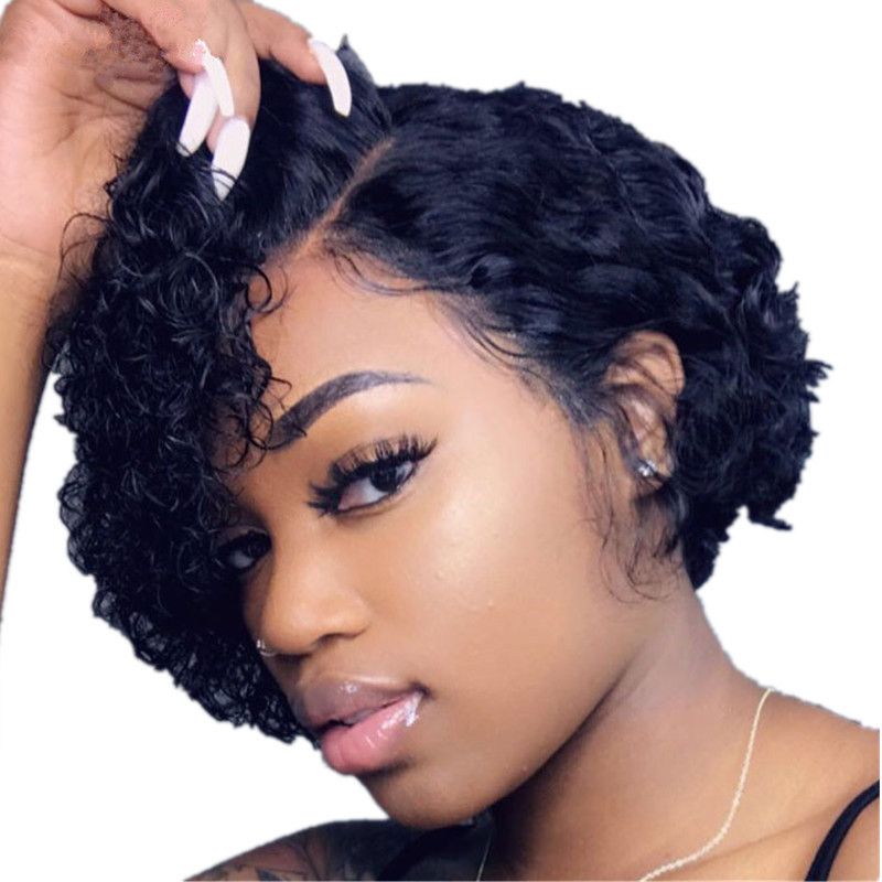 Female wig with short curly hair, slightly parted wig, small curly head, black synthetic hair, female curly hair, wrapped tube, small curly hair