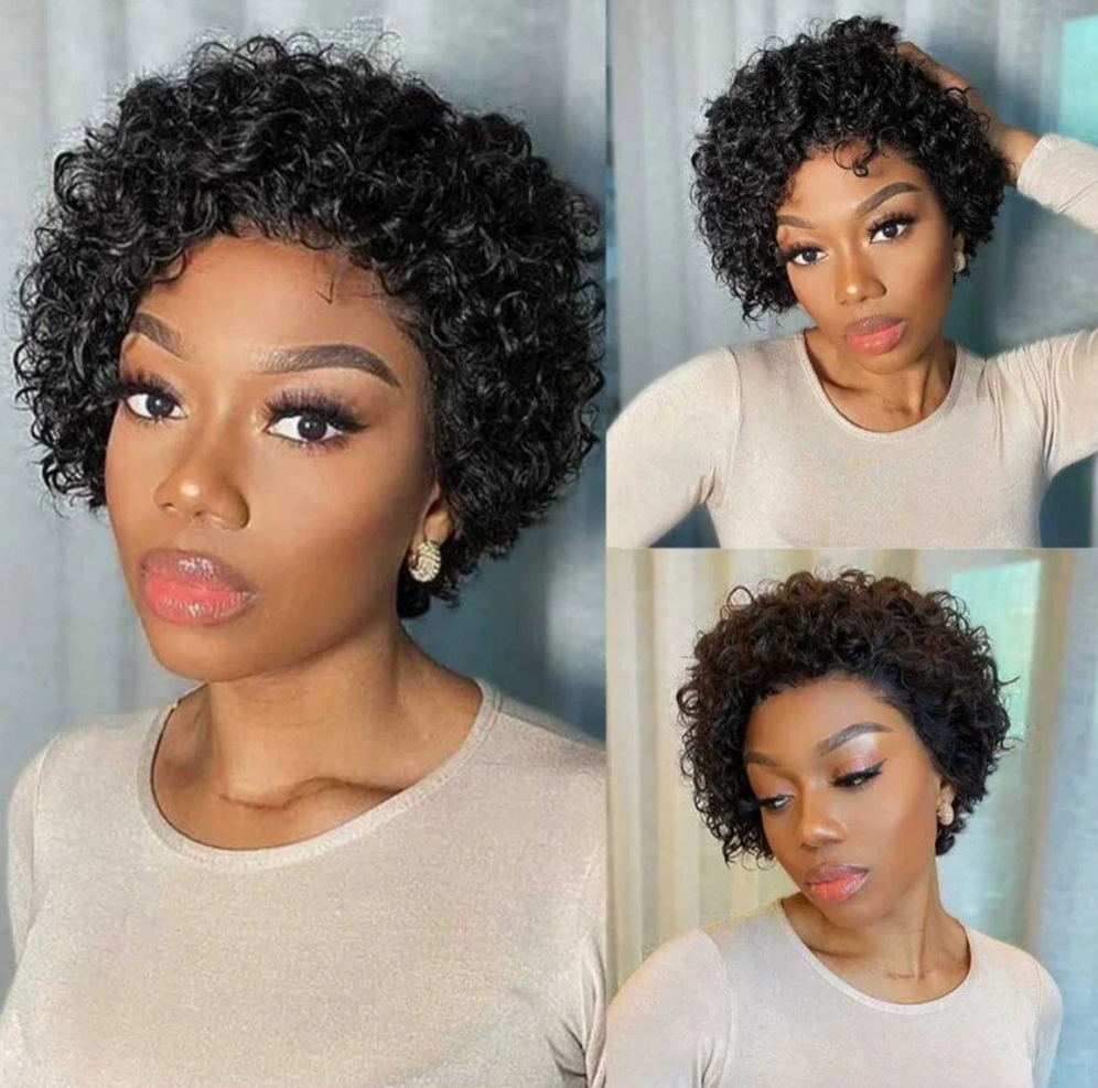 100% Human hair wig 13*1 lace frontal  curly short wig natural black color wig