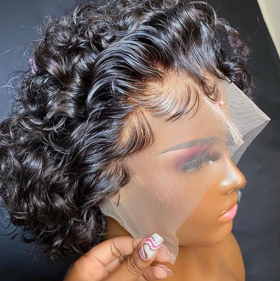 100% Human hair wig 13*1 lace frontal  curly short wig natural black color wig