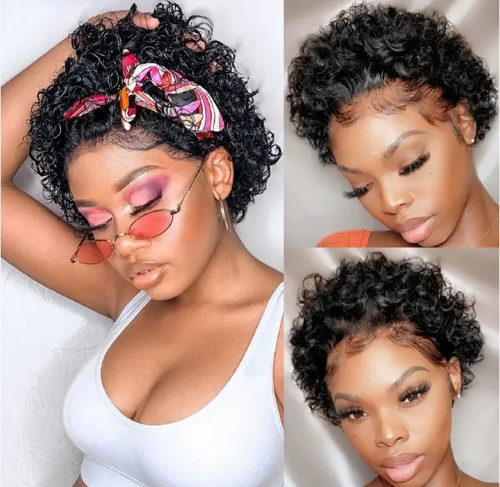 100% Human hair wig 13*1 lace frontal  curly short wig natural black color wig