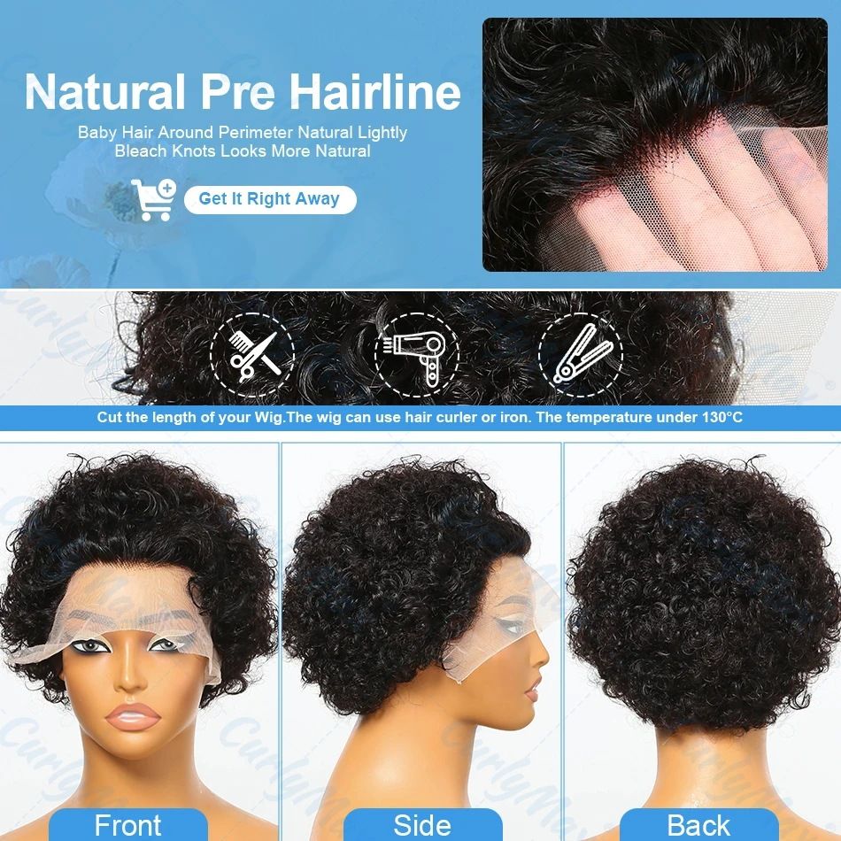 100% Human hair wig 13*1 lace frontal  curly short wig natural black color wig