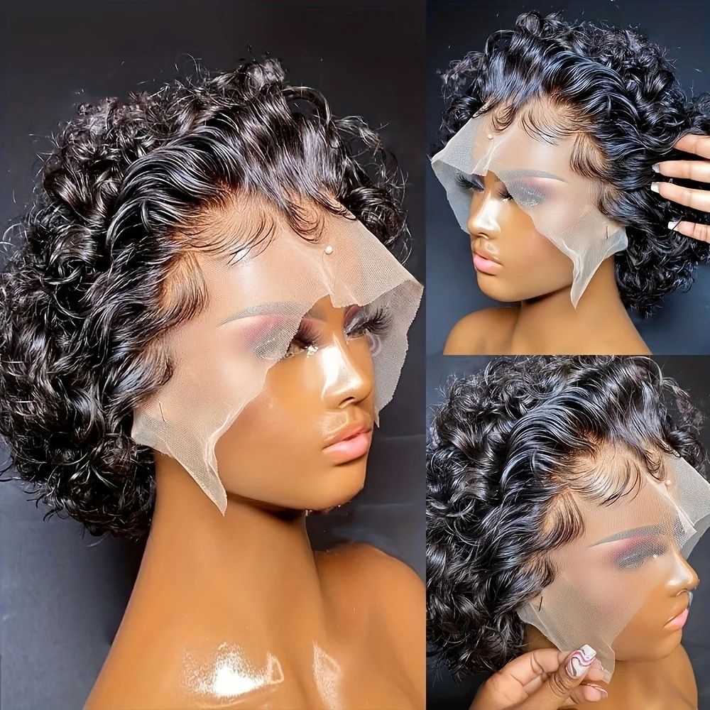 100% Human hair wig 13*1 lace frontal  curly short wig natural black color wig
