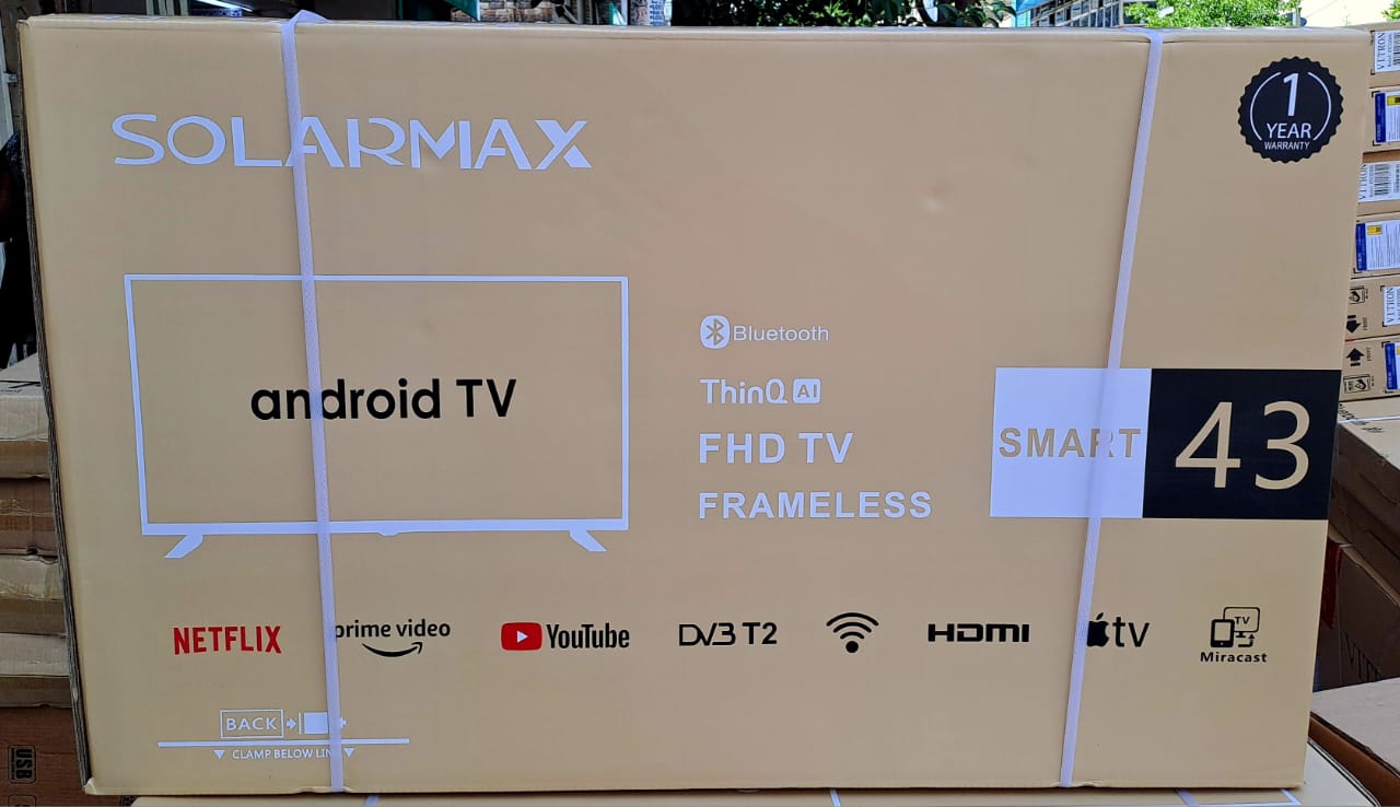 Solarmax 43-Inch Frameless Smart Android TV – Bluetooth, YouTube, Netflix, Google Play, Full HD Display, and 7 FREE Accessories for a Seamless Setup