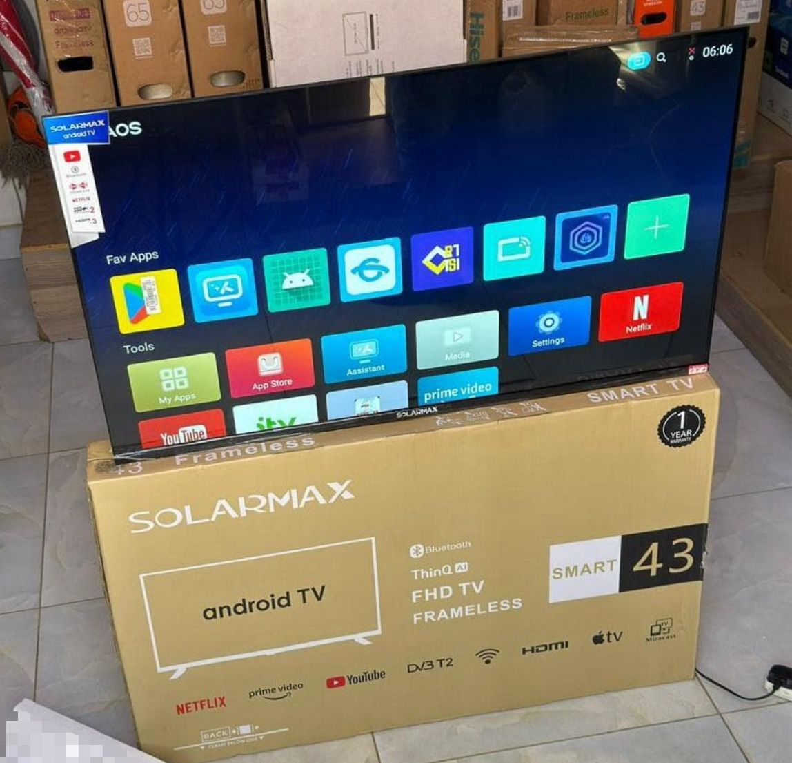 Solarmax 43-Inch Frameless Smart Android TV – Bluetooth, YouTube, Netflix, Google Play, Full HD Display, and 7 FREE Accessories for a Seamless Setup