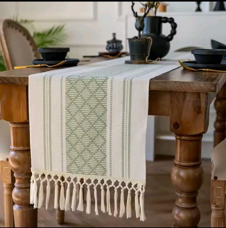 Set of 7pcs Braided Woven Textured Table Runner with Tassels & 6 Mats – Complete Dining Set for Elegant, Stylish Table Decor and Surface Protection