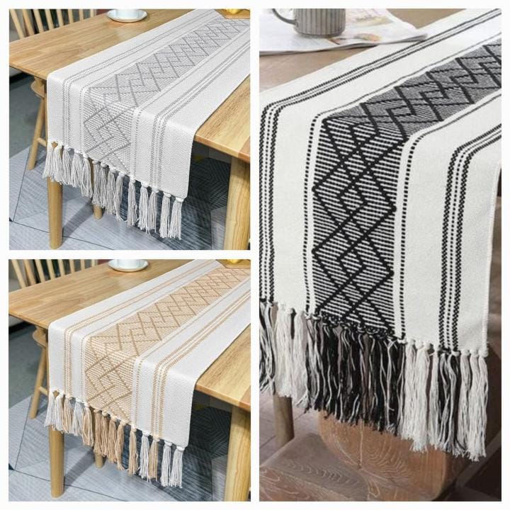 Set of 7pcs Braided Woven Textured Table Runner with Tassels & 6 Mats – Complete Dining Set for Elegant, Stylish Table Decor and Surface Protection
