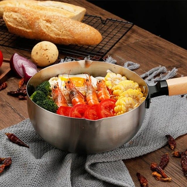 2L Stainless Steel Non-Stick Calibrated Japanese Pan Noodle Pot – Spaghetti, Milk, Tea Pot with Wooden Handle Soup Pan for Even Cooking and Easy Cleaning