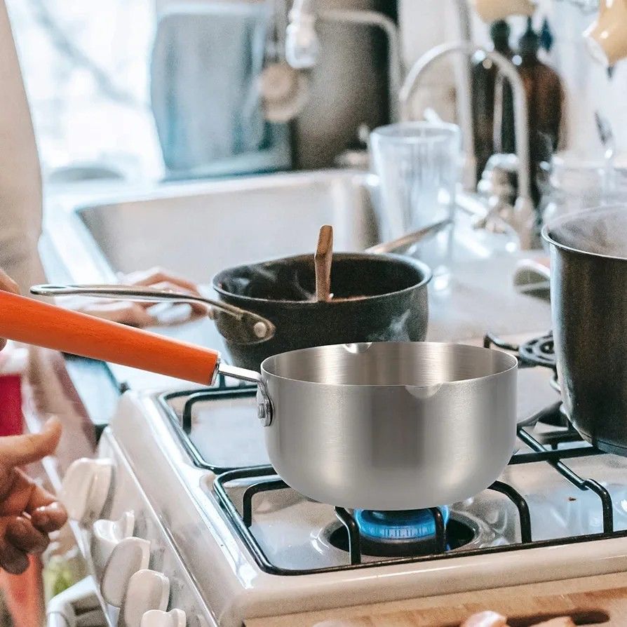 2L Stainless Steel Non-Stick Calibrated Japanese Pan Noodle Pot – Spaghetti, Milk, Tea Pot with Wooden Handle Soup Pan for Even Cooking and Easy Cleaning