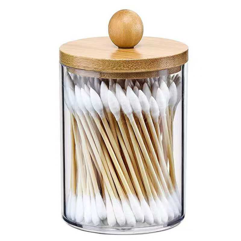 Acrylic Cotton Swab Storage Organizer with Bamboo Lid – Sleek Decorative Countertop Holder for Bathroom Vanity and Makeup Table Organization