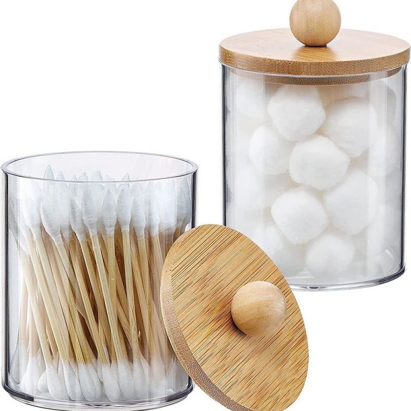 Acrylic Cotton Swab Storage Organizer with Bamboo Lid – Sleek Decorative Countertop Holder for Bathroom Vanity and Makeup Table Organization
