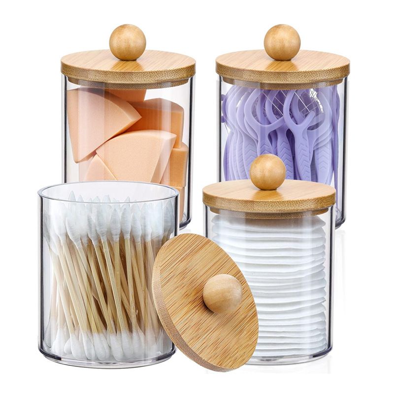 Acrylic Cotton Swab Storage Organizer with Bamboo Lid – Sleek Decorative Countertop Holder for Bathroom Vanity and Makeup Table Organization