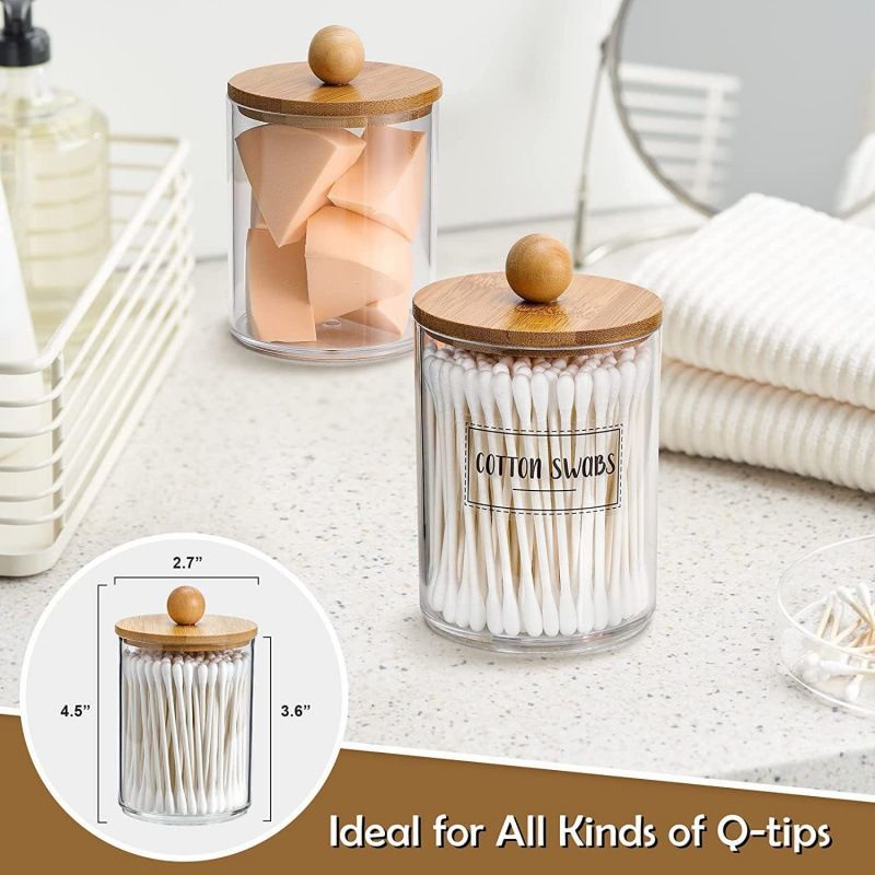 Acrylic Cotton Swab Storage Organizer with Bamboo Lid – Sleek Decorative Countertop Holder for Bathroom Vanity and Makeup Table Organization