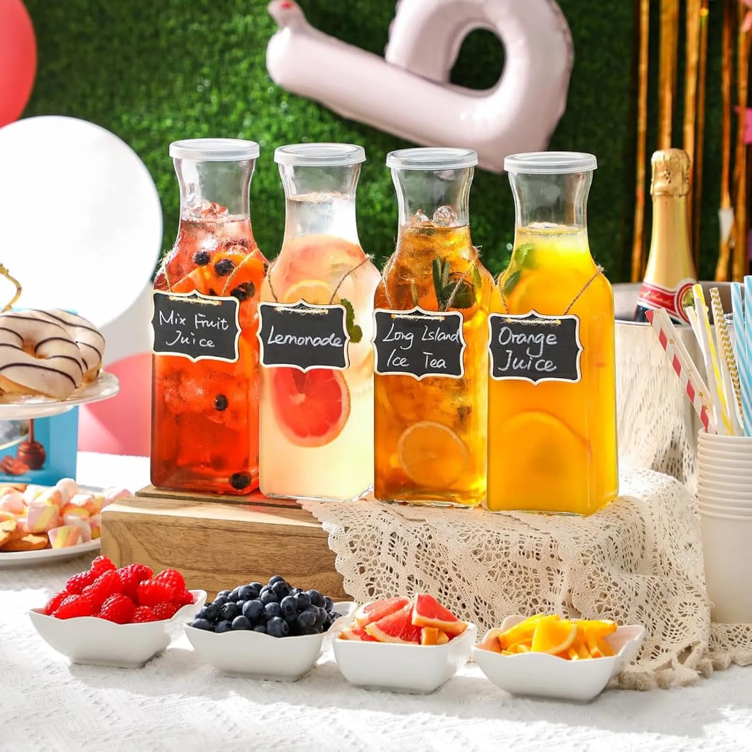 Clear Glass Pitcher Square Carafe with Spill-Proof Lid – 1 Liter Durable Heavy-Duty Shatter Resistant Glass for Mimosa, Juice, and Party Beverage Serving