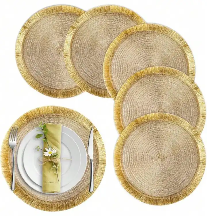 High Quality 38cm Round Shimmery Gold Placemats with Spiral Weave and Fringe – Stylish Durable Dining Table Centerpiece and Party Decor That's Easy to Maintain