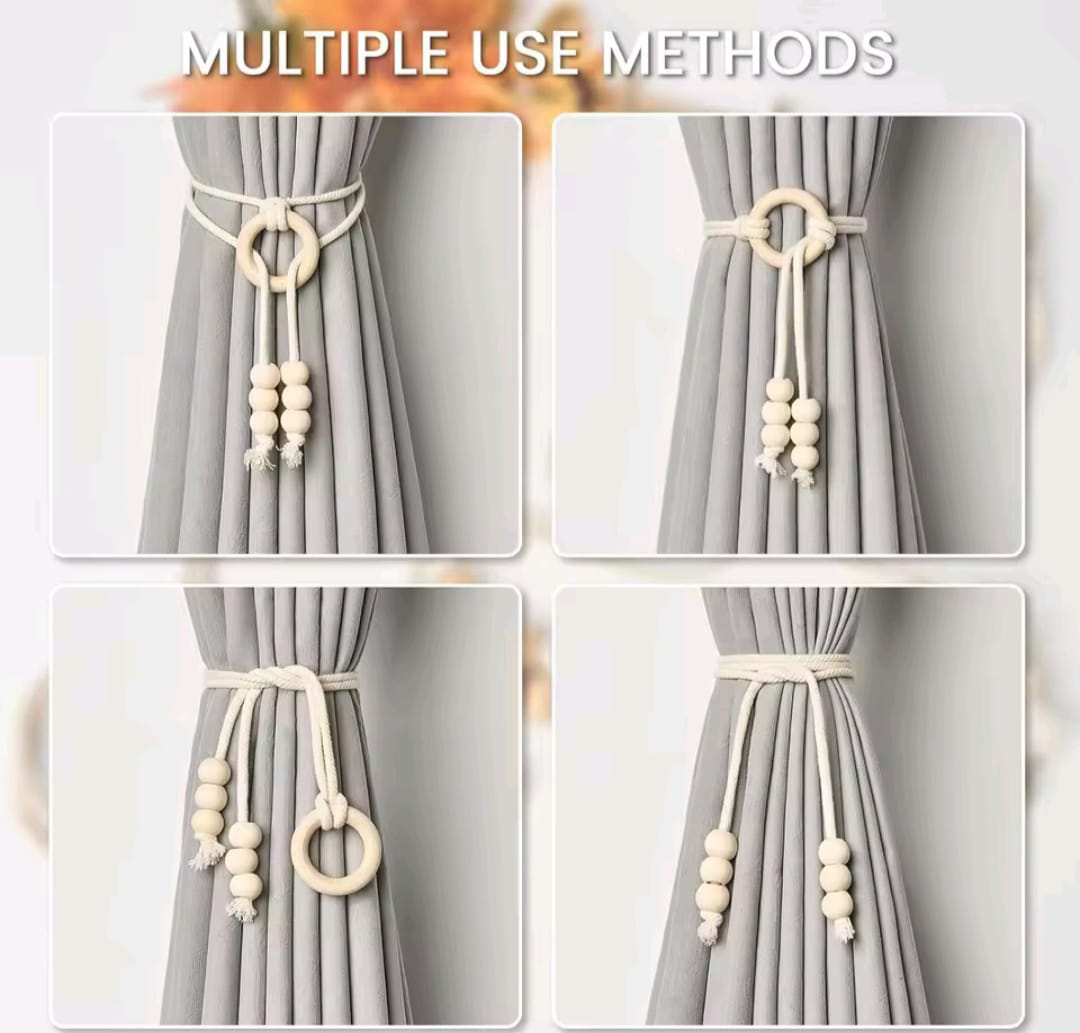2pcs Natural Cotton Rope Curtain Tiebacks with Wooden Rings – Boho Style Decorative Holdbacks for Home and Office Window Dressing and Decor