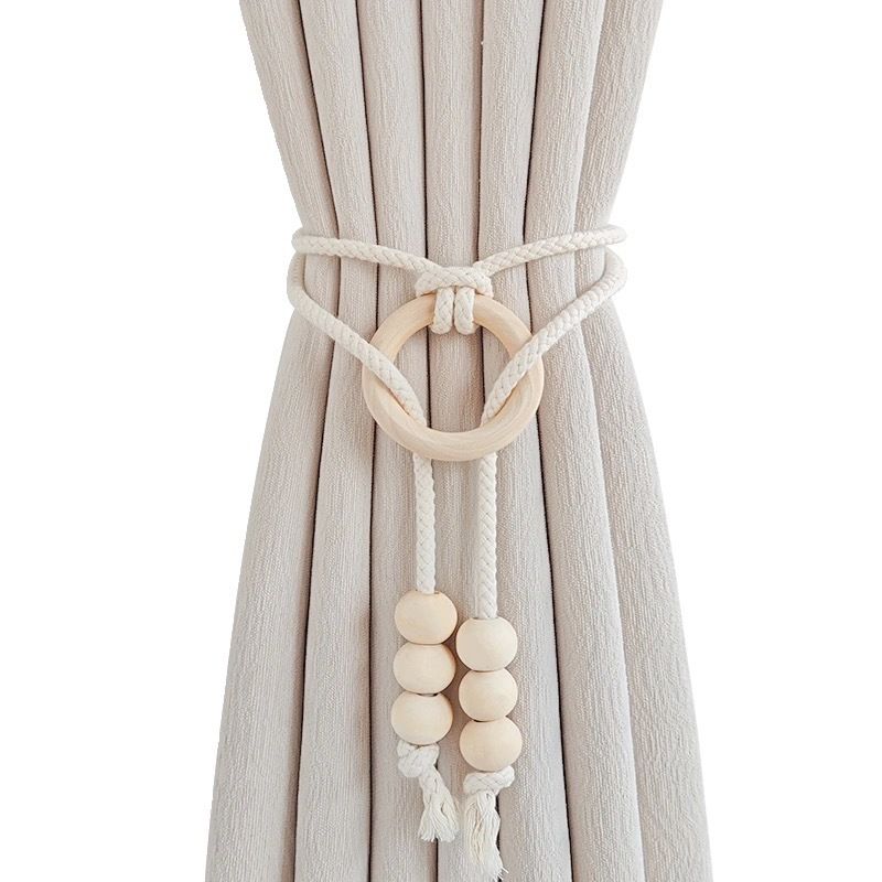 2pcs Natural Cotton Rope Curtain Tiebacks with Wooden Rings – Boho Style Decorative Holdbacks for Home and Office Window Dressing and Decor