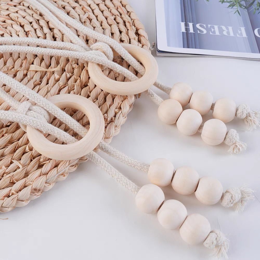 2pcs Natural Cotton Rope Curtain Tiebacks with Wooden Rings – Boho Style Decorative Holdbacks for Home and Office Window Dressing and Decor
