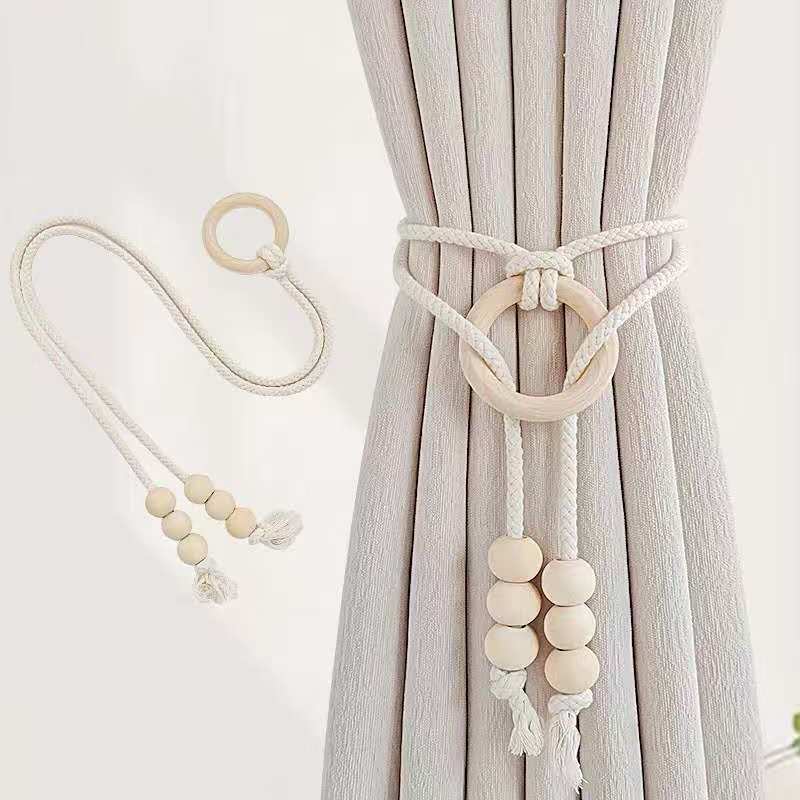 2pcs Natural Cotton Rope Curtain Tiebacks with Wooden Rings – Boho Style Decorative Holdbacks for Home and Office Window Dressing and Decor