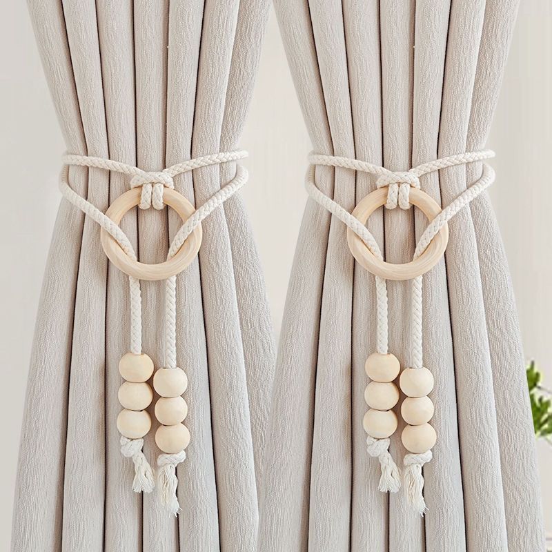 2pcs Natural Cotton Rope Curtain Tiebacks with Wooden Rings – Boho Style Decorative Holdbacks for Home and Office Window Dressing and Decor