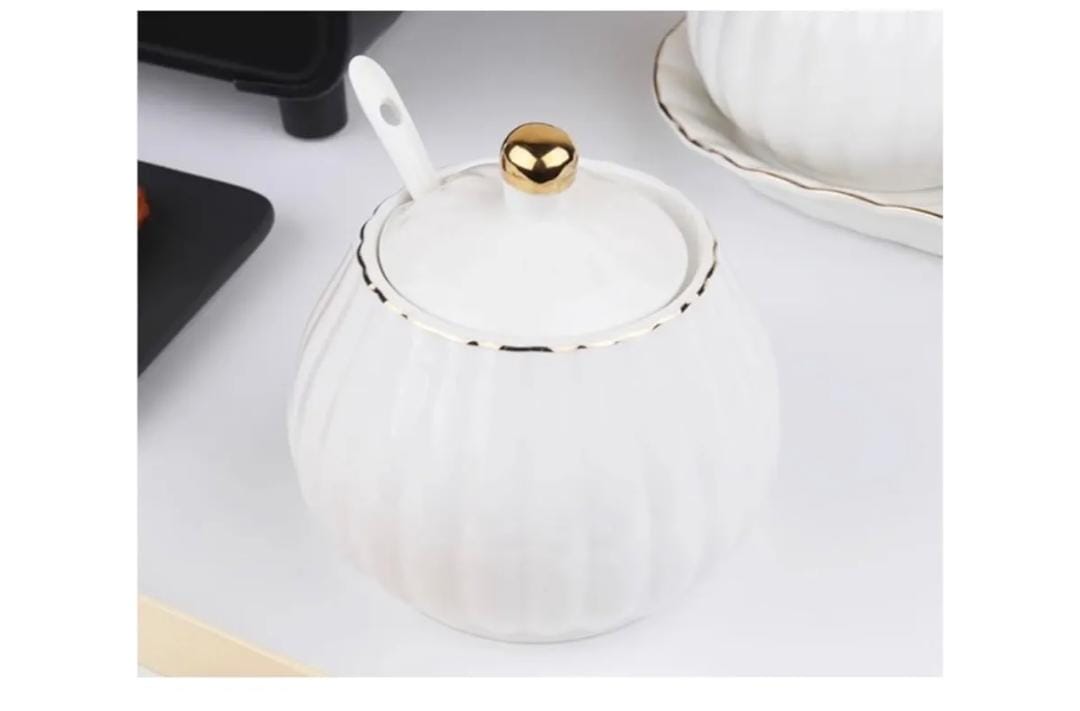 Gold Rimmed Ceramic Sugar Dish with Spoon, Elegant Tabletop Sugar Bowl for Tea, Coffee, and Dining Use, Stylish and Practical Kitchen or Dining Accessory