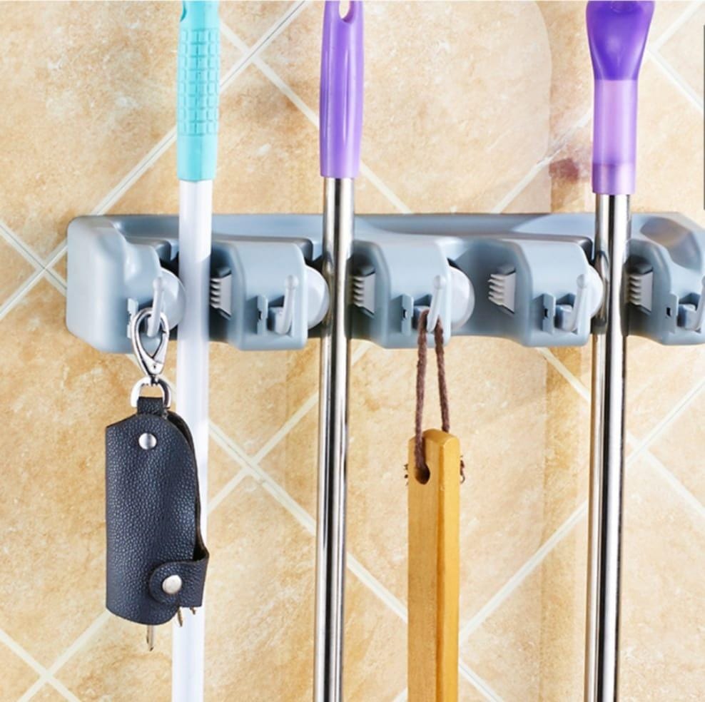 4-Slot Broom and Mop Holder, Wall-Mounted Organizer for Cleaning Tools, Durable and Practical Storage Solution for Kitchen, Bathroom, or Utility Area,