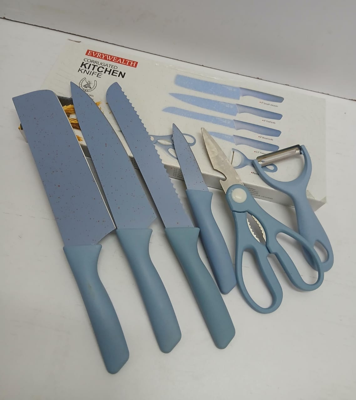 Knife Set 6-in-1 – Everyweath Collection Featuring Cleaver, Chef, Bread, Paring Knives, Peeler & Scissor for Complete Kitchen Food Preparation