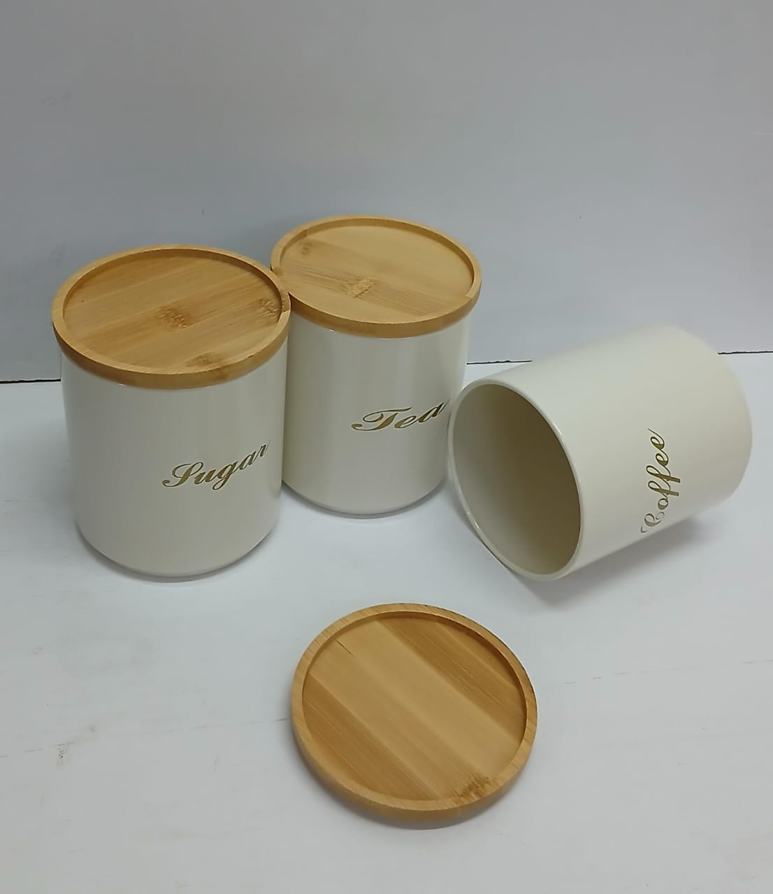 Tea, Coffee, Sugar Canister Alloy Set with Bamboo Lid – Triple Airtight Kitchen Storage Containers for Pantry Countertop Organization and Decoration