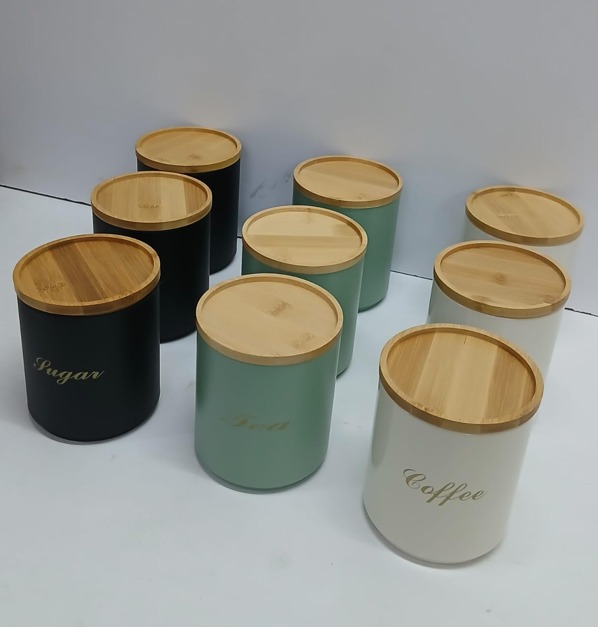 Tea, Coffee, Sugar Canister Alloy Set with Bamboo Lid – Triple Airtight Kitchen Storage Containers for Pantry Countertop Organization and Decoration