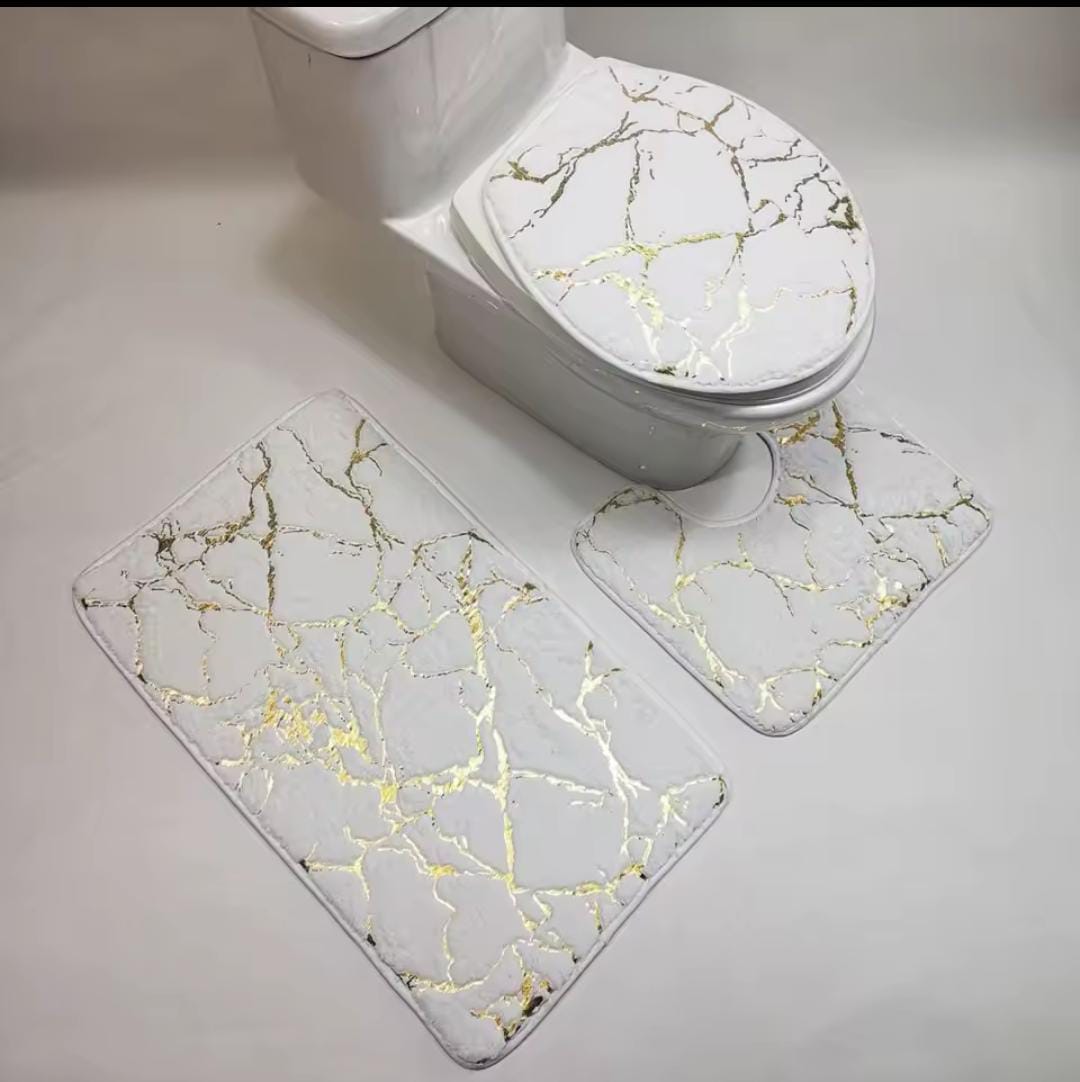 3-Piece Marble Toilet and Bathroom Mat Set – 3-in-1 Non-Slip Absorbent Mat Set for Bathroom Floor, Toilet Base and Sink Area in Marble Design