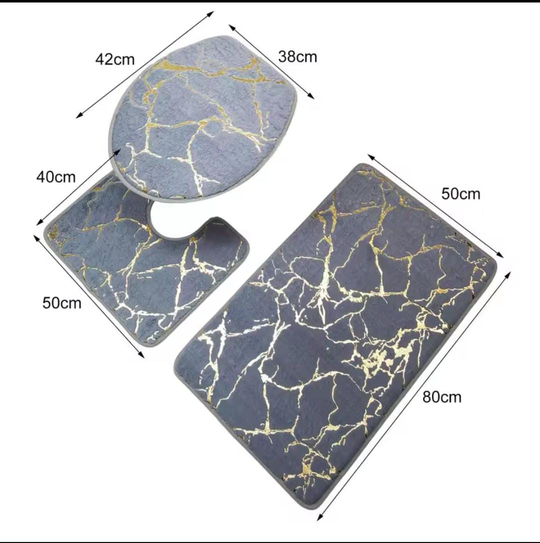 3-Piece Marble Toilet and Bathroom Mat Set – 3-in-1 Non-Slip Absorbent Mat Set for Bathroom Floor, Toilet Base and Sink Area in Marble Design