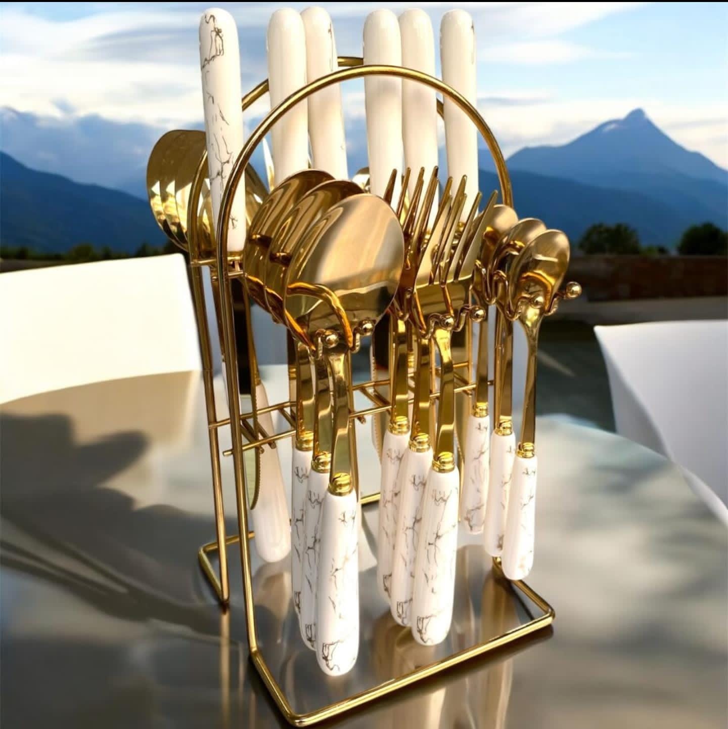 24pcs Heavy High Quality Marble Gold Kitchen Cutlery Set – Includes 6 Table Spoons, 6 Tea Spoons, 6 Forks and 6 Tea Spoons for Elegant Dining