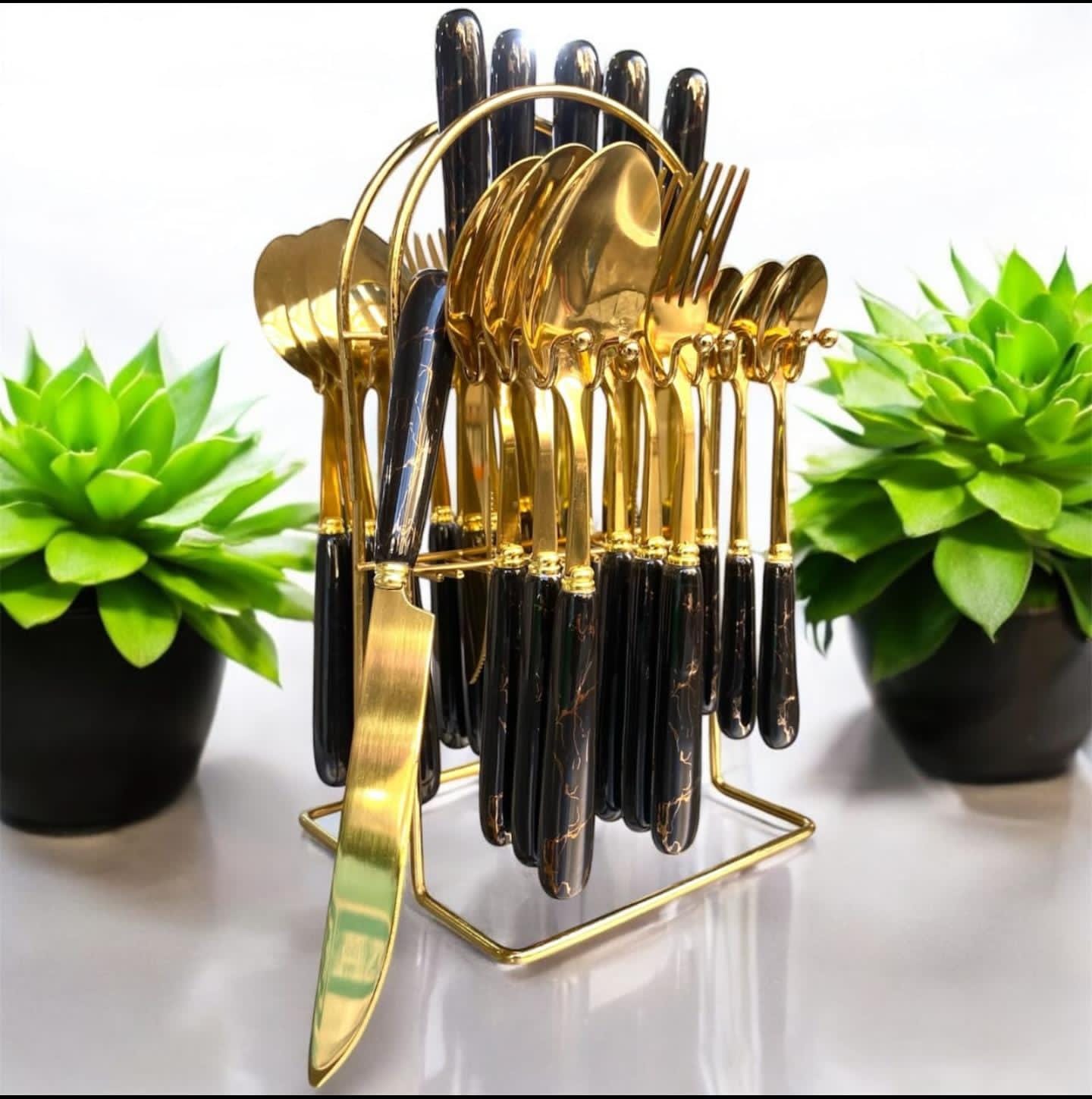 24pcs Heavy High Quality Marble Gold Kitchen Cutlery Set – Includes 6 Table Spoons, 6 Tea Spoons, 6 Forks and 6 Tea Spoons for Elegant Dining
