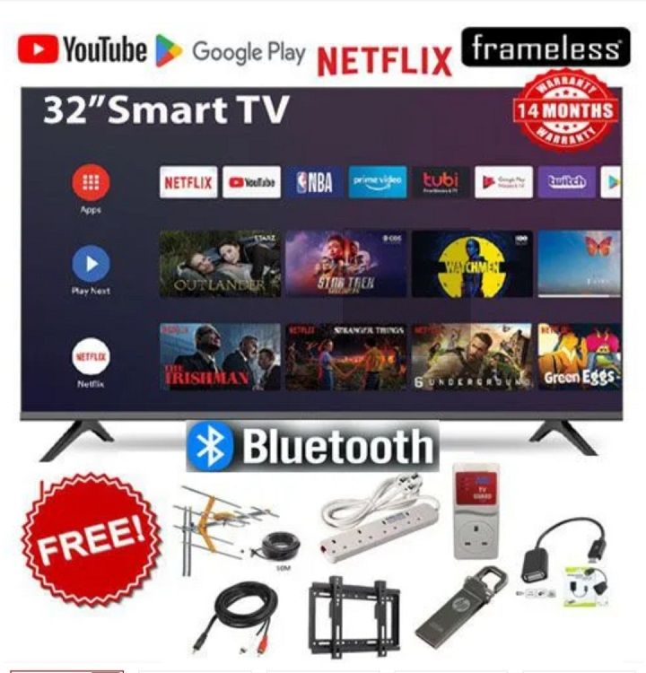 GLD32" INCHES, BLUETOOTH ENABLED FRAMELESS SMART ANDORID TV SMART,NETFLIX +YOUTUBE-WIFI TELEVISION INBUILT DECODER WIDE COLOR ENHANCER USB HDMI + 7 FREE GIFTS