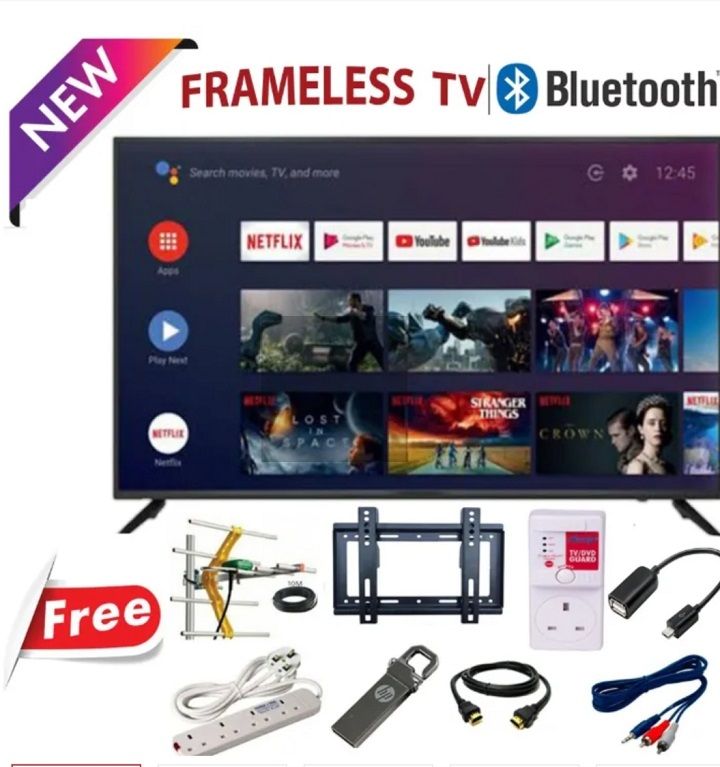 GLD 32" INCHES SMART ANDROID TV,FRAMELESS SMART BLUETOOTH ENABLED NETFLIX +YOUTUBE-WIFI TELEVISION INBUILT DECODER FOR LOCAL CHANNELS WIDE COLOR ENHANCER, USB HDMI PORTS,1 YEAR WARRANTY + 8 FREE GIFTS