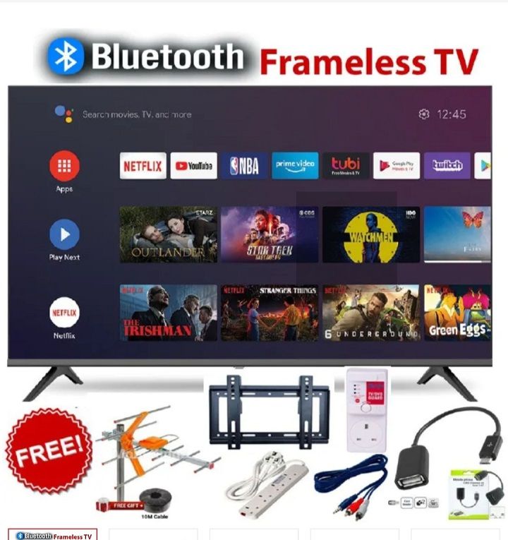 VISION PLUS 43" inch FRAMELESS Full HD Smart Android TV BLUETOOTH,NETFLIX,YOUTUBE Inbuilt Decoder Dolby Audio WifiBuilt-in DVBT2/S2 Screen-Share + 6 EXTRA  ACCESSORIES