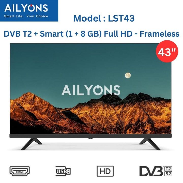 AILYONS 43" INCH LST4306W FULL HD BLUETOOTH ENABLED, WIFI CONNECTIVITY SMART ANDROID TV NETFLIX YOUTUBE TELEVISION FRAMELESS DESIGN,A+PANEL,INBUILT DECODER, WIDE COLOR ENHANCER +FREE EXTENSION+BRACKET