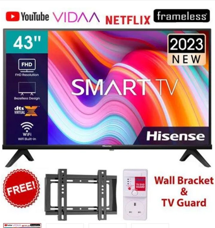 HISENSE 43" INCH TV 43A4 SERIES FRAMELESS SMART TELEVISION, FULL HD RESOLUTION, A4K SERIES ,NETFLIX ,YOUTUBE TV,DTS, INBUILT DECODER, BUILT-IN WIFI,VIDAA OS HISENSE43 TV +FREE TV GUARD+WALL BRACKET