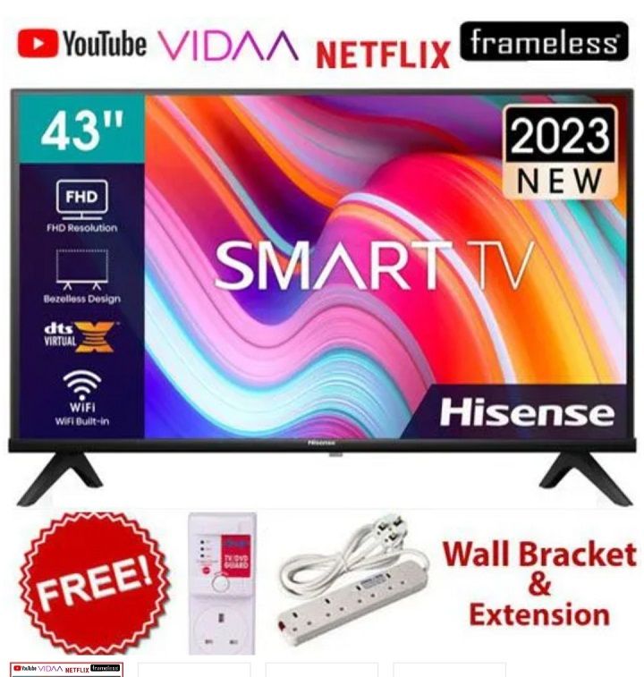 Hisense 43A4, HISENS 43" INCH TV,FRAMELESS SMART TELEVISION, FULL HD RESOLUTION, A4K SERIES ,NETFLIX ,YOUTUBE TV,DTS, INBUILT DECODER, BUILT-IN WIFI,VIDAA OS+FREE TV GUARD + Heavy Duty Extension