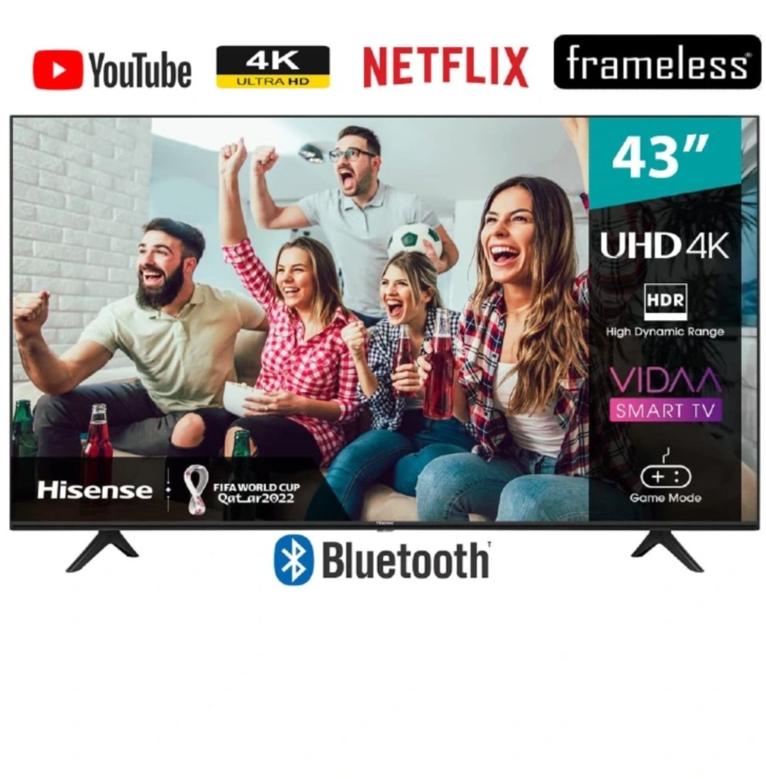 Hisense 43'' Inch 43A6 series,BLUETOOTH ENABLED TV, SMART  ULTRA HD 4K TELEVISION, HDR Frameless,Netflix-Youtube LED TV,DOLBY AUDIO,VIDAA OS + 3 EXTRA GIFTS