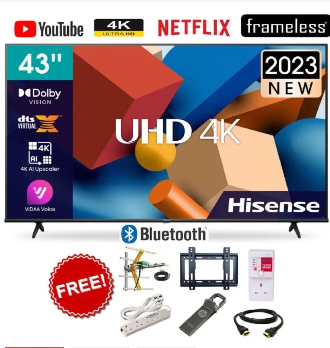Hisense 43'' Inch 43A6 series,BLUETOOTH ENABLED TV, SMART  ULTRA HD 4K TELEVISION, HDR Frameless,Netflix-Youtube LED TV,DOLBY AUDIO,VIDAA OS+ 6 EXTRA GIFTS