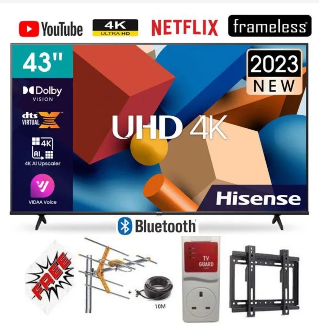 Hisense 43'' Inch 43A6 series,BLUETOOTH ENABLED TV, SMART  ULTRA HD 4K TELEVISION, HDR Frameless,Netflix-Youtube LED TV,DOLBY AUDIO,VIDAA OS + 3 EXTRA GIFTS