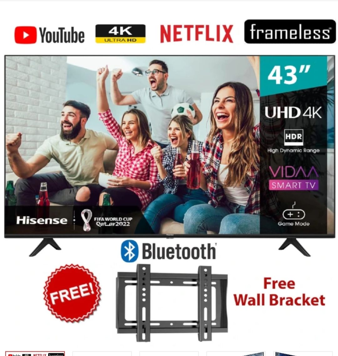Hisense43'' Inch 43A6 series,BLUETOOTH ENABLED TV, SMART  ULTRA HD 4K TELEVISION, HDR Frameless,Netflix-Youtube LED TV,DOLBY AUDIO,VIDAA OS,HISENSE 43" INCH TV + FREE WALL MOUNTING BRACKET