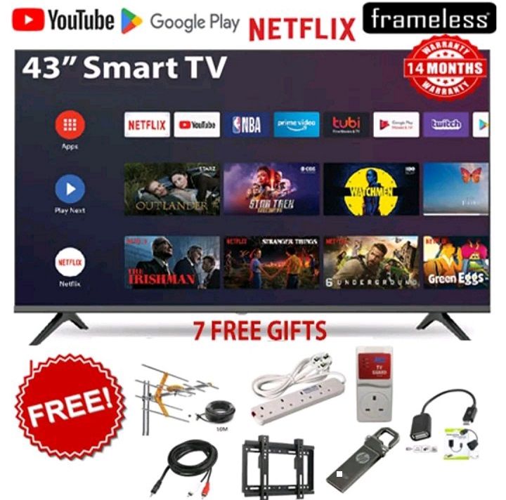 Skyworth 43''inch Frameless Smart Android AI TV Bluetooth Enabled Netflix Youtube I-cast Prime VIdeo Google Play Assistant Television Inbuilt Decoder Built-in Wi-FI + 7 FREE GIFTS