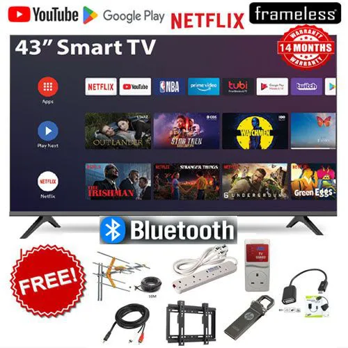 BLUETOOTH VITRON HTC4388FS 43" INCH  FRAMELESS FHD SMART TV ANDROID TV NETFLIX ,YOUTUBE TELEVISION INBUILT DECODER , BUILT-IN WIFI, APP STORE 1GB-RAM 8GB-ROM 2*USB PORTS,3*HDMI PORTS + 7 FREE GIFTS