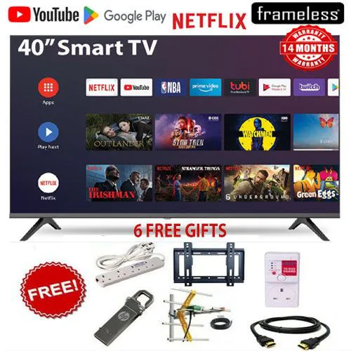 GLOBALSTAR 40"INCH BLUETOOTH ENABLED SMART ANDROID TV NETFLIX ,YOUTUBE TELEVISION INBUILT DECODER , BUILT-IN WIFI, APP STORE 1GB-RAM 8GB-ROM 2*USB PORTS,3*HDMI PORTS + 6 FREE GIFTS